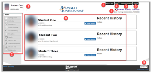 Homepage view with numbered areas and example students.